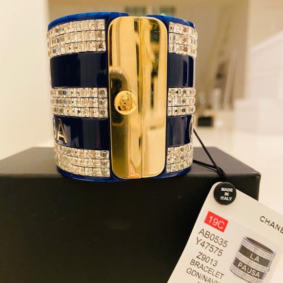 Chanel Navy Blue Crystal Studded Bracelet Cuff - Picture 11 of 12